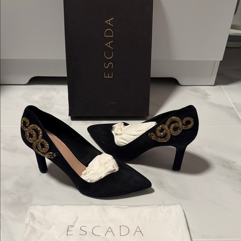 Escada Elegant Black Heels with Gold Embellishments